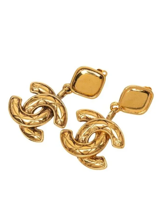 Chanel Vintage Quilted CC Logo Earrings Gold Plated