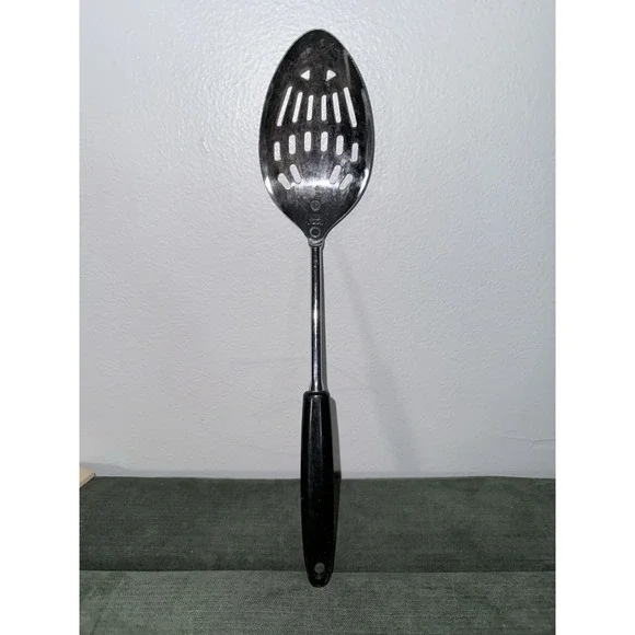 Vintage Ekco Slotted Serving Spoon Chrome Plated Black‎ Plastic Handle