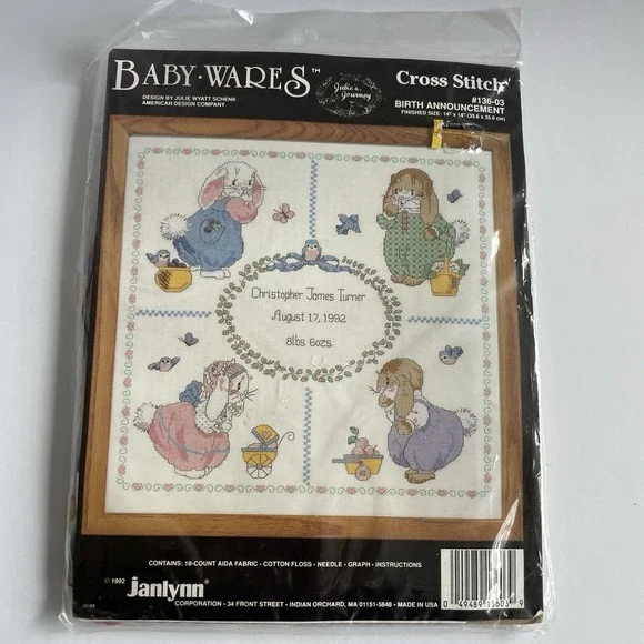 Janlynn 1992 Baby Wares Birth Announcement Cross Stitch Kit #136-03 14