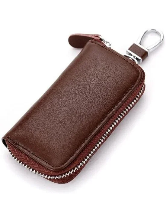 Premium Leather Unisex Key Holder Wallet with 6 Hooks & Zipper Closure