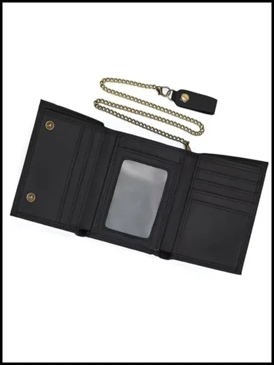 Genuine Leather Trifold Wallet with Metal Chain for Men - RFID Blocking Card