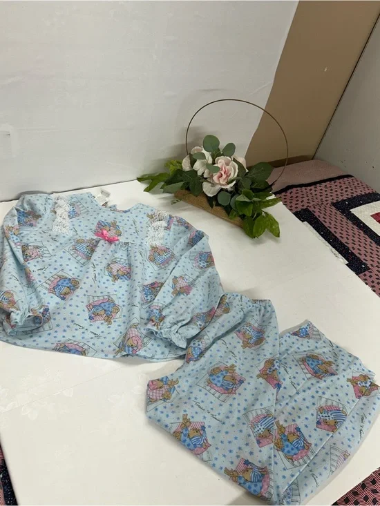 Vintage Children's Light Blue Cozy Pajama Set with Cute Print