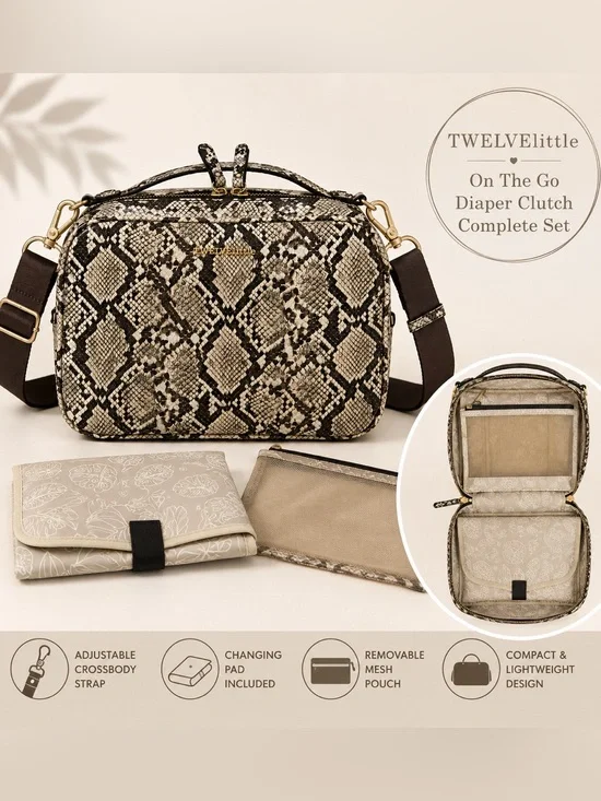 TWELVElittle Diaper Bag Snake Print Crossbody Baby Clutch Changing Pad EUC