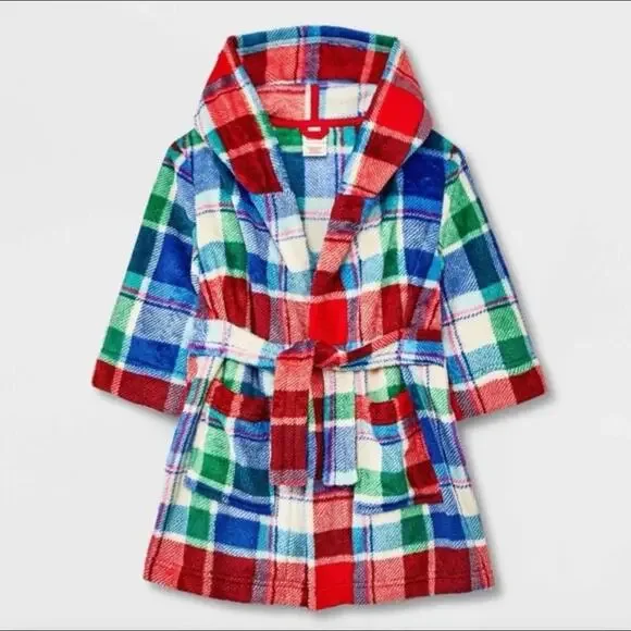 Cat & Jack Plaid Fleece Hooded Robe Tie Waist Pockets Red Green Blue 2t/3t