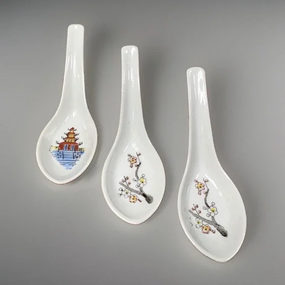 Chinese Porcelain Soup Spoons Pagoda Cherry Blossom Hand Painted Vintage Set/3