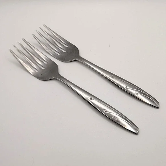 Vintage Japan Stainless Salad Forks Atomic Starburst Scroll MCM 6