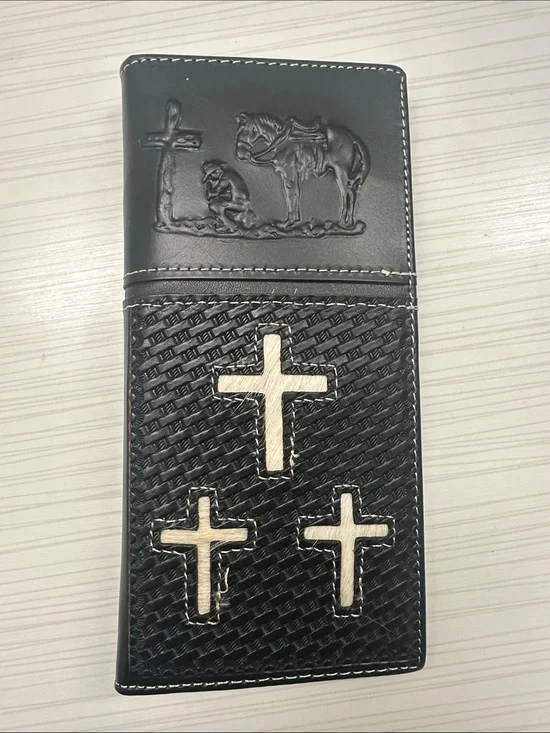 Black Leather Tri-Cross Wallet for Men