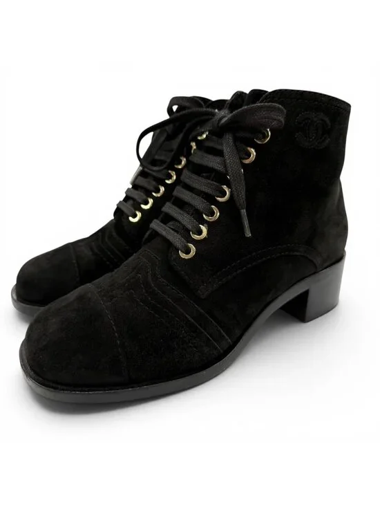 Chanel CC Logo Embroidery Shearling Boots Ankle Black