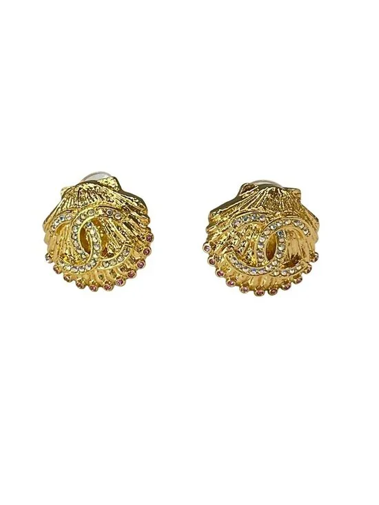Chanel Earrings CC Logo Gold Clear Pink Shell