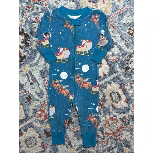Hanna Andersson Pajamas Boys 3-6M Teal Santa Reindeer Organic Cotton EUC