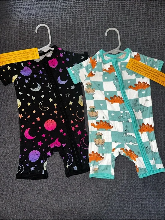 Baby 0/3 months Shortie Romper in Black Galaxy Print and Teal Dino Check