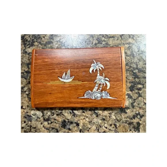 Vintage Wood Mother of Pearl Inlay Business Card Holder Case‎ Tropical Palm Tree