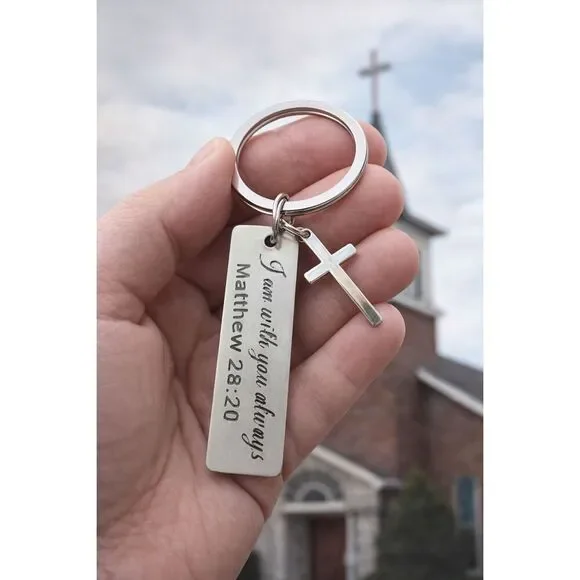 Christian Cross Keychain Matthew 28:20 Bible Verse Faith Gift