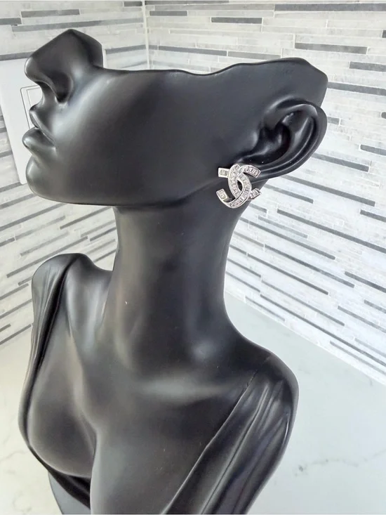 Chanel Crystal Interlocking Logo Stud Earrings - Silver