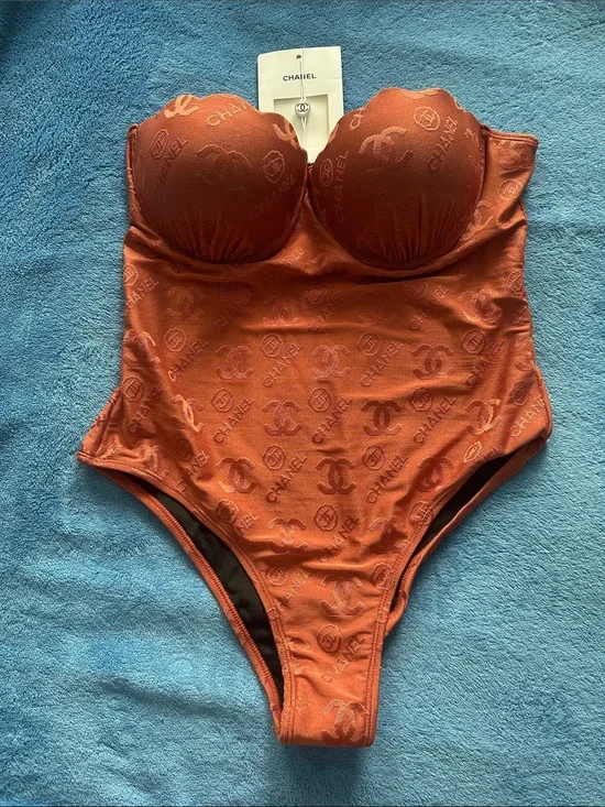 CHANEL Burnt Orange Monogram Strapless One-Piece Swimsuit/Bodysuit