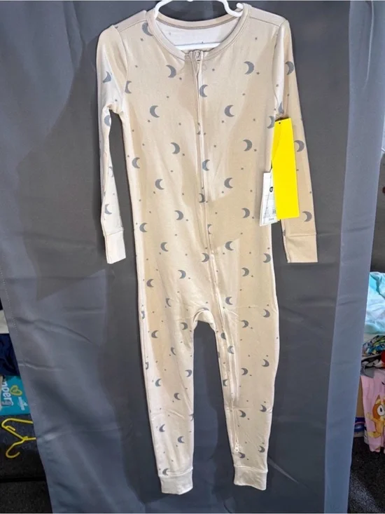 Cloud island Moon Print Beige Kids Zip-Front One-Piece Pajamas 5t