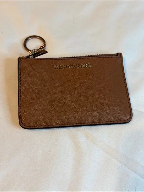 Michael Kors Brown Saffiano Leather Zip Card Case with Keyring