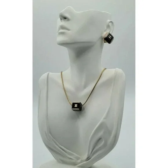 Vintage Authentic Chanel Logo Necklace &  Square Clip Earrings Set ~ Signature