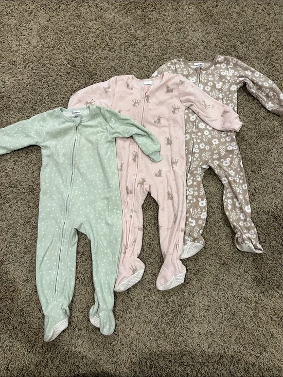 3 Baby Girl Fleece Footie Zipper PJs