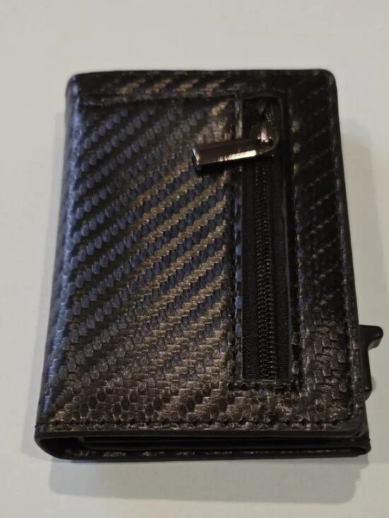 Men's Carbon Fiber Pop Up cardholder Wallet with Air Tag Holder & Zipper Pocket.