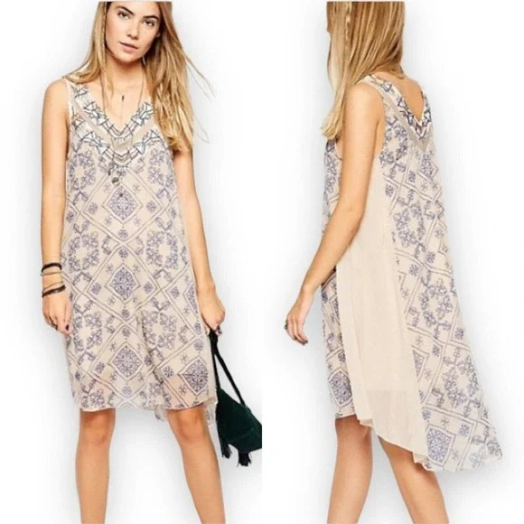 𝅺free People Women's Ancient Mystery Beaded Chiffon Shift Dress Size Small