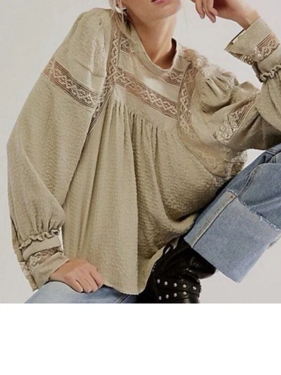Free People Medium Top It Takes Two Top Spanish Moss lace long sleeve high neck