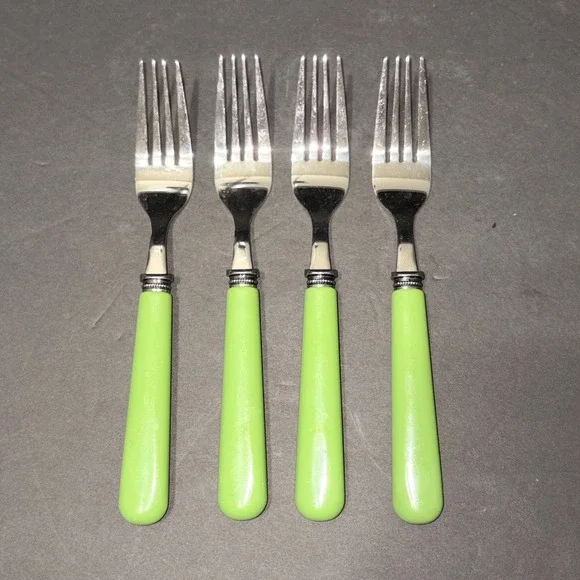 Set/4 Light Green Resin Handle Stainless Steel Dinner Forks Beaded Bolster 7.75