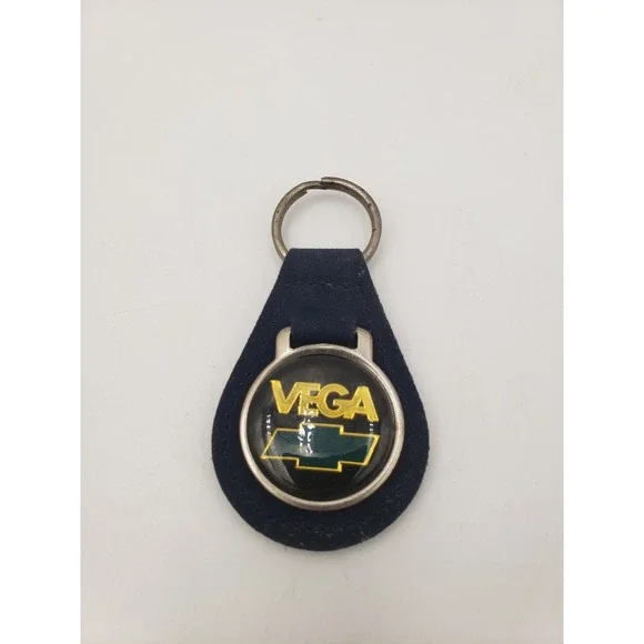 Vtg Chevrolet Vega Leather Keychain Key Fob Dark Blue Suede Teardrop Medallion