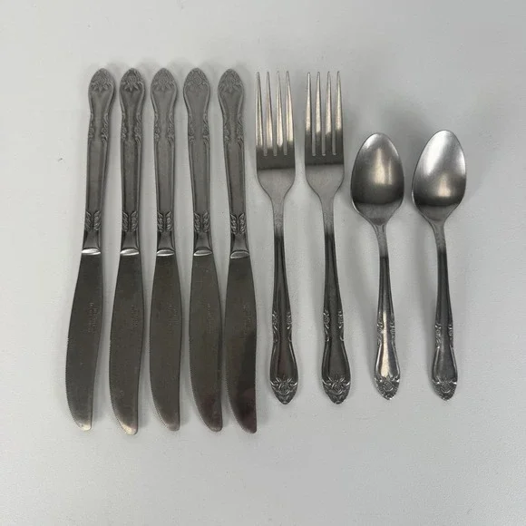 Vintage Golden‎ Lifetime Cutlery Stainless Steel Floral Rose Set of 9 Flatware