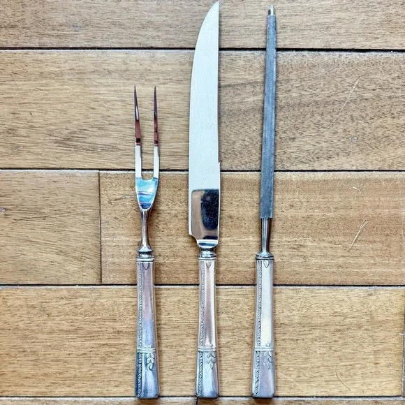 3pc VTG Antique 30s Oneida Prestige GRENOBLE Silverplate Carving Set Sharpener