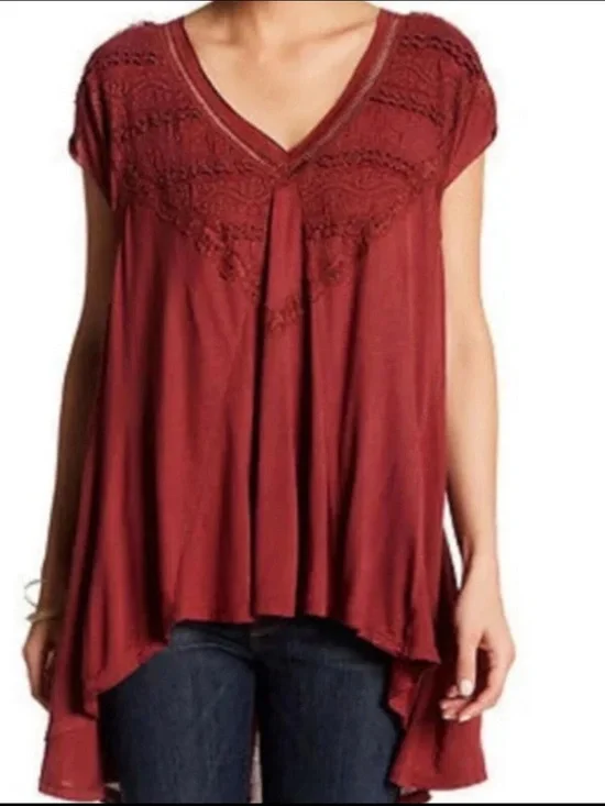 Free People Burgundy Boho Lace Flowy Top High Low