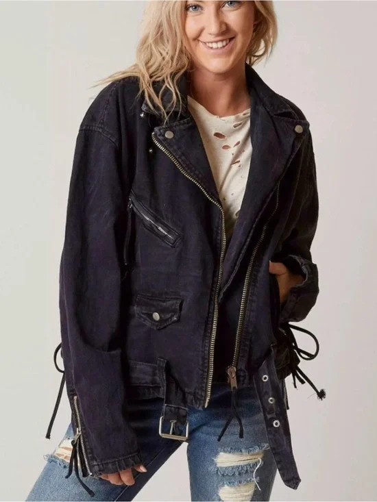 Free People Black Washed Denim Moto Jacket