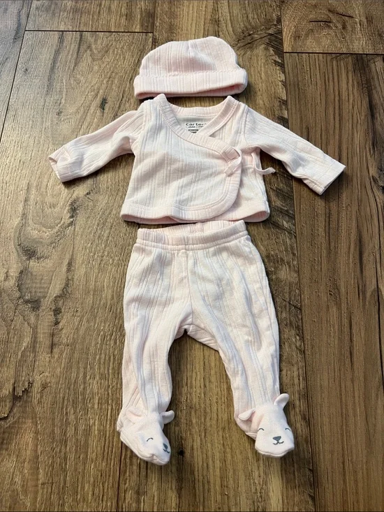 Carter's Pale Pink Ribbed 3-Piece Preemie Set with Hat