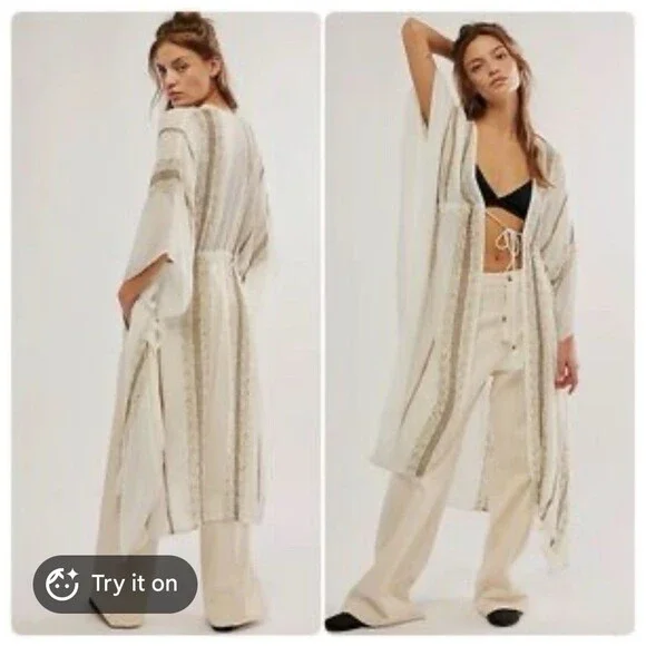 Free People Emerald Coast Boho Kimono in Antique Ivory One Size