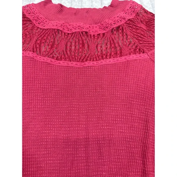 Free People Berry Pink Waffle Thermal Crochet Lace Mock Neck Top Womens XS
