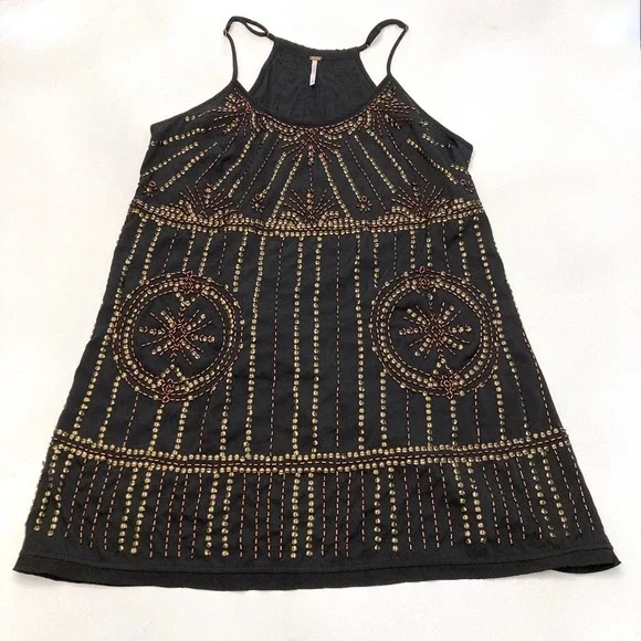 Free People Sedona Mini Slip Dress Beaded Sequin Black Womens Small Shift
