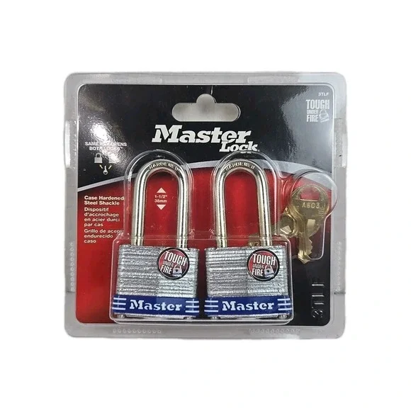 Master Lock 3TLF Laminated Steel Padlock with Key, 2 Pack Keyed-Alike 1 1/2