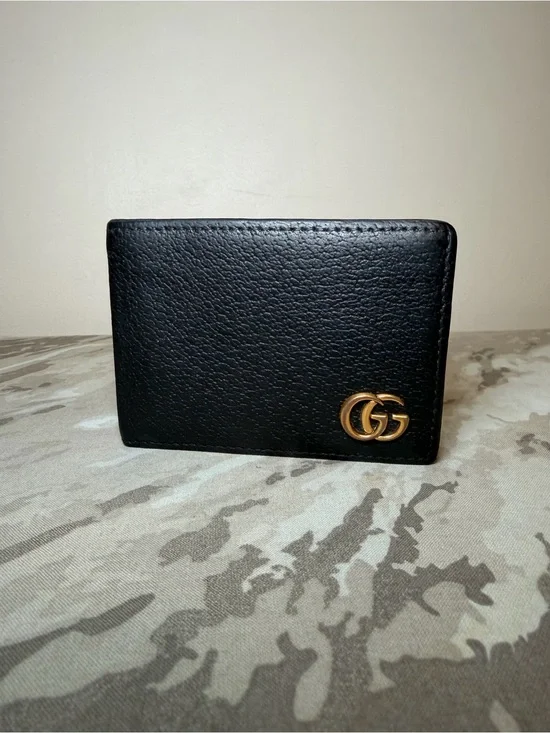 Gucci Black Leather Card Holder with Gold Double G Logo