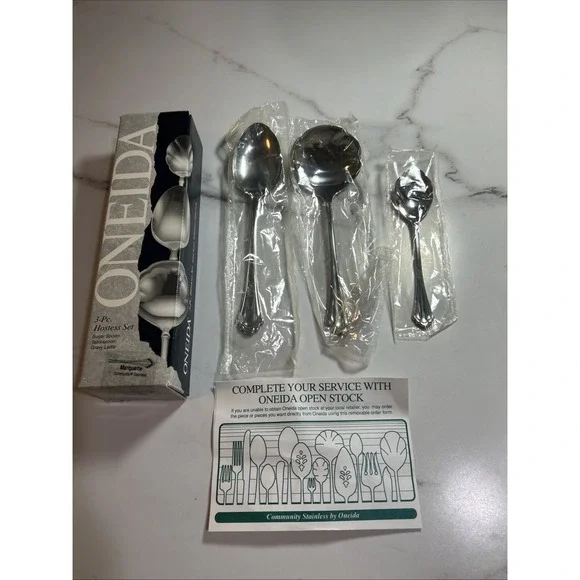 Marquette 3 Pc Stainless Hostess Set sugar tablespoon gravy Serving Spoon NEW‎
