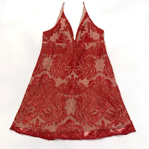 Free People Night Shimmers Sequin Lace V-Neck Mini Dress Red Womens 4 Lined