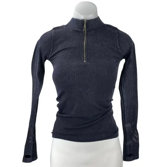 Free People Women's Black 1/4 Zip Long Sleeve High Neck Slim Sweater Top Size XS