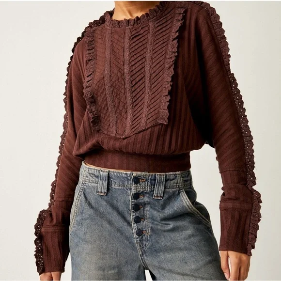 Free People More Romance Eyelet Lace Ruffle Mocha Shirt-‎ Small