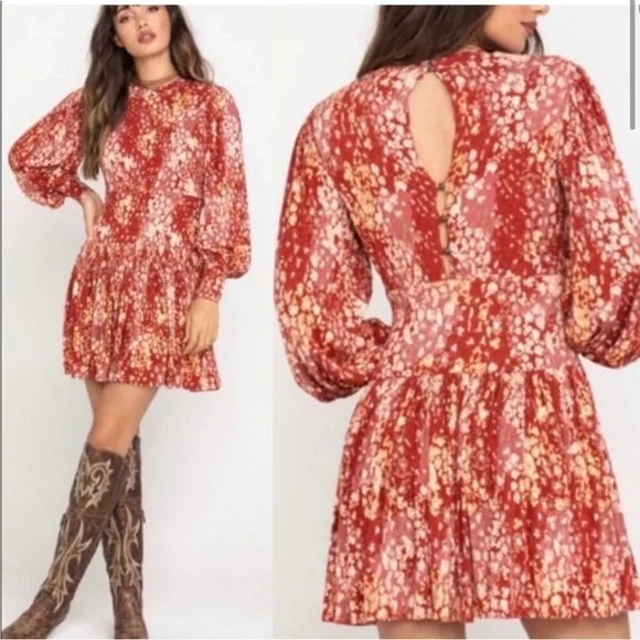 Free People Heartbeats Red Mini Dress Long Sleeve Rust Floral Mini Boho Sz M