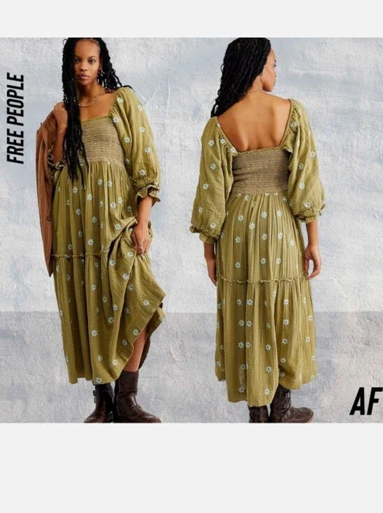 Free People Dahlia Olive Floral Smocked Maxi Dress