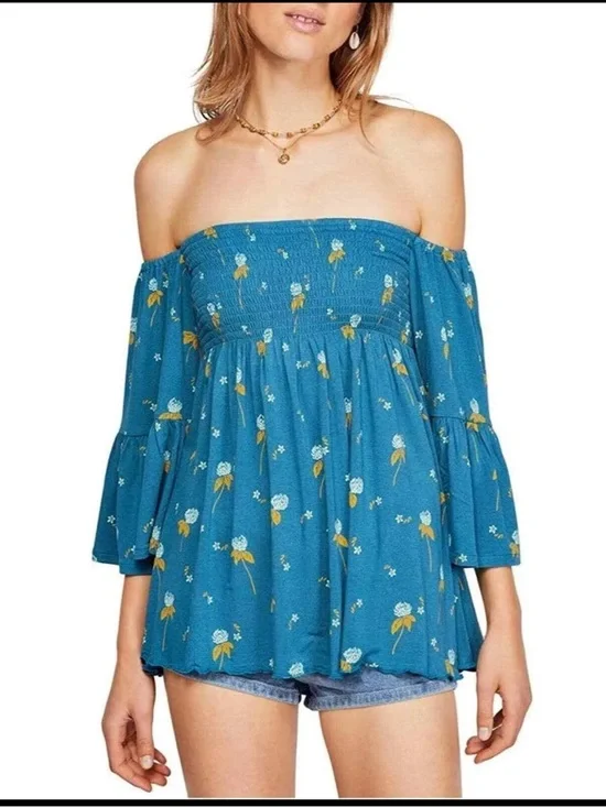 Free People Teal Blue Floral Off-Shoulder Tunic Small