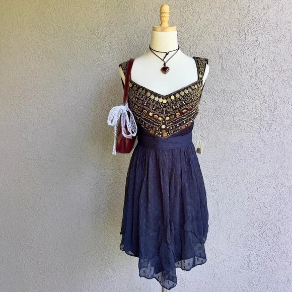 Free‎ People Indigo Blue Coin Embellished Dress Size 6 Beaded $350 Retail