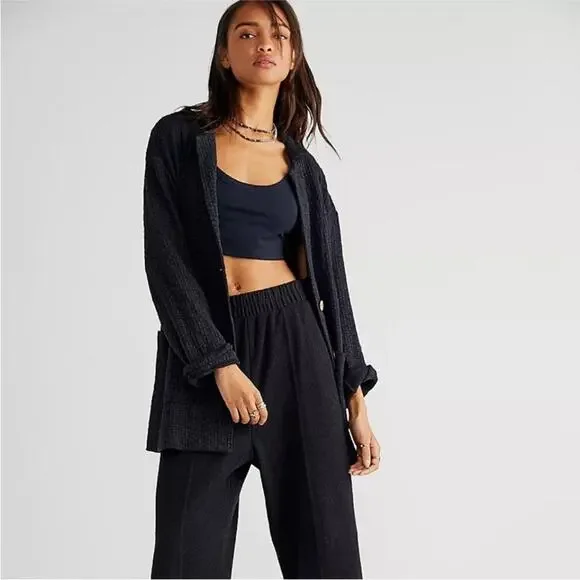 Free People Reign Textured knit Blazer Black Shabby Chic Bohemian size XS