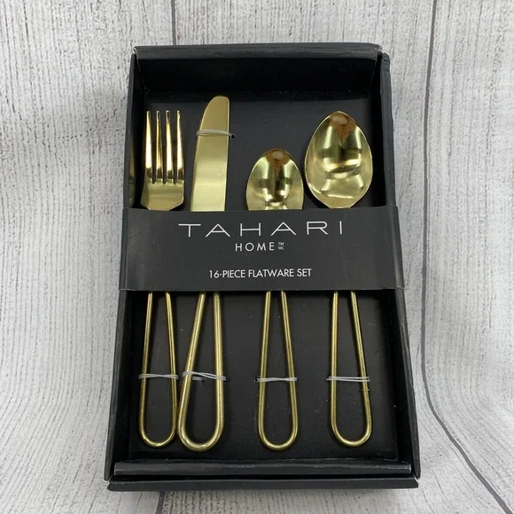 Tahari Home Flatware Set Service for 4 Gold Modern Open Loop Handle 16-Piece