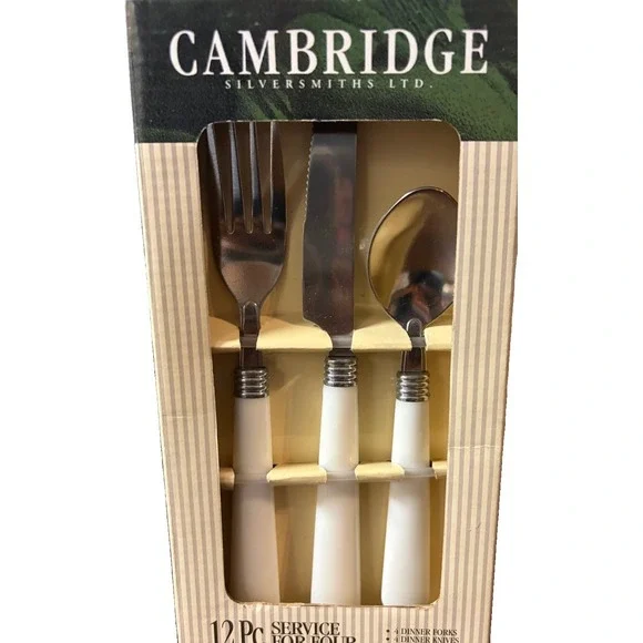 Cambridge Silversmiths 12 Pc Flatware Set White Handles Service 4 New Old Stock