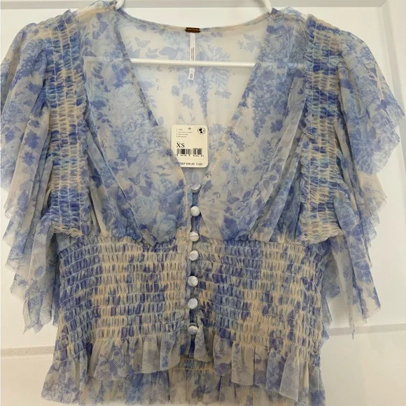 Free People Blue Floral Smocked V-Neck Ruffle Blouse